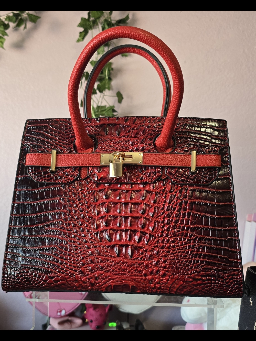 Red Croc-Embossed Structured Tote Handbag
